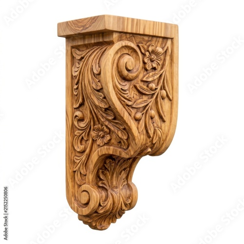 Ornate wooden corbel featuring intricate floral and leaf carvings, isolated on a white background, for architectural and, furniture decoration