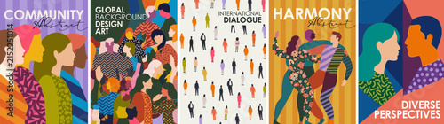 Diverse community poster set, international dialogue and harmony vector banners, global background design art collection
