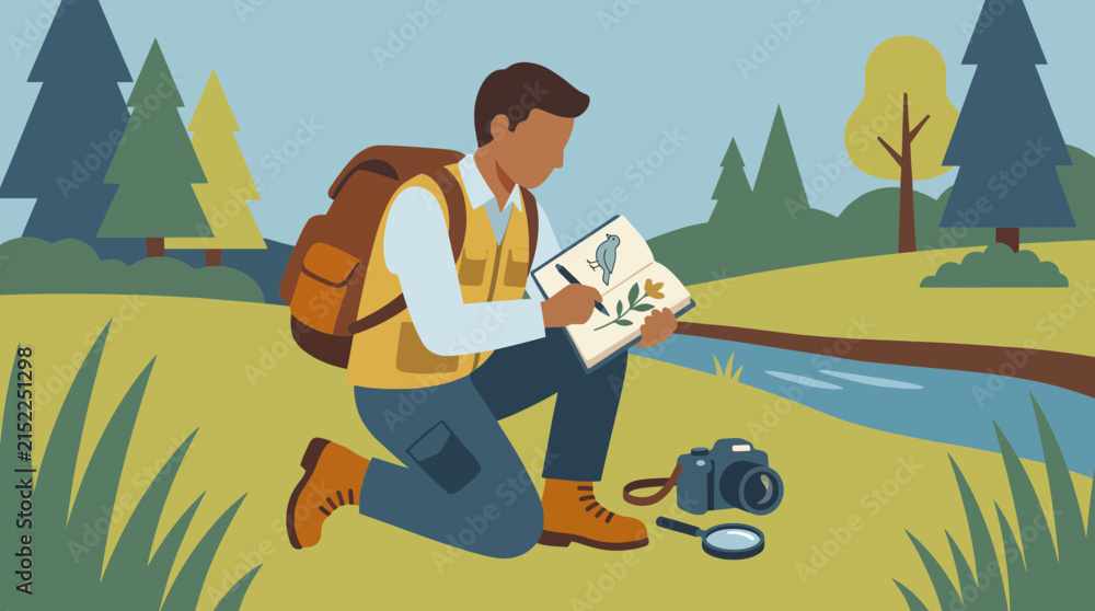 Fototapeta premium Scientist Documenting Observations in Field Journal