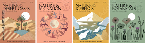 Minimalist nature poster set with desert oases, bird migration, icebergs, and botanicals. Modern landscape vector illustrations for wall art.
