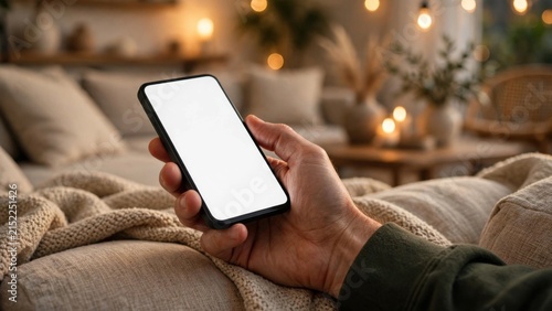 Close-up of a hand holding a smartphone with a blank white screen in a cozy, dimly lit room.