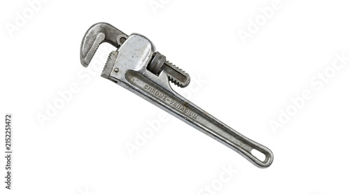 A single heavy duty metal pipe wrench isolated on a white background used by professional plumbers for tightening or loosening pipes and metal fittings