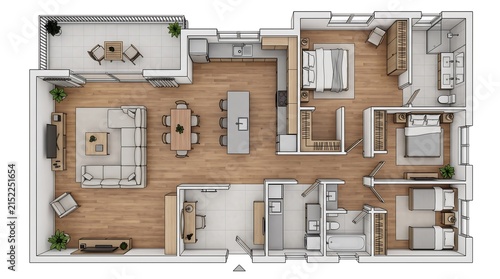 A detailed top down architectural floor plan showing a modern residential home layout with multiple bedrooms and living spaces