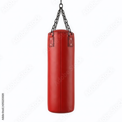 Red leather punching bag hanging on chains for boxing training isolated