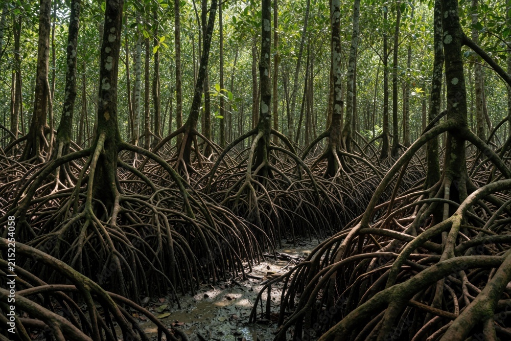 Obraz premium Dense mangrove forest with a complex network of exposed roots. Rich green canopy overhead with dappled sunlight filtering through. Muddy ground with shallow water visible.