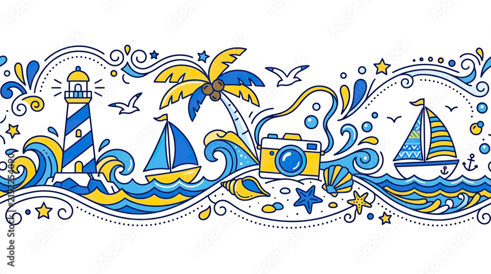 Naklejka premium Summer Beach Seaside Doodle Border with Lighthouse and Sailboats