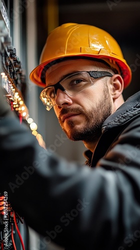 A focused technician wearing safety gear inspects an electrical panel with blinking lights against a dark background.
