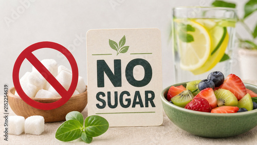 No sugar sign with prohibited sugar cubes and healthy fresh fruit bowl for healthy diet concepts