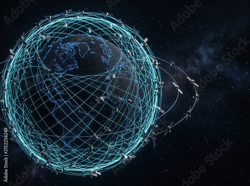 Global satellite constellation network with glowing cyan orbital paths around wireframe Earth globe in space