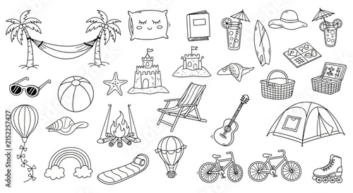 A collection of hand drawn summer vacation themed doodle icons