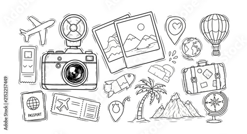 A collection of hand drawn travel icons on white background