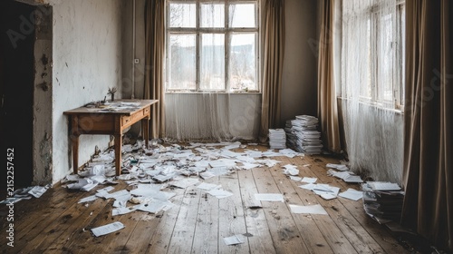 Bright office room with floor covered in scattered papers.