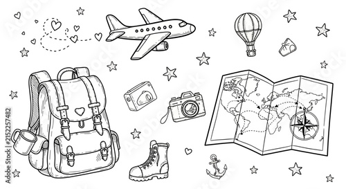 A collection of hand drawn travel items on white background