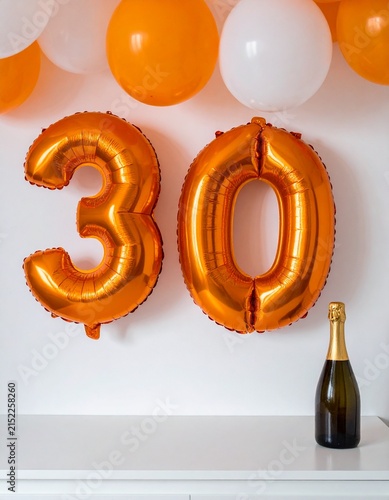 Number 30 Balloon with Champagne Bottle. Orange and White Theme for Birthday or Anniversary Celebration
