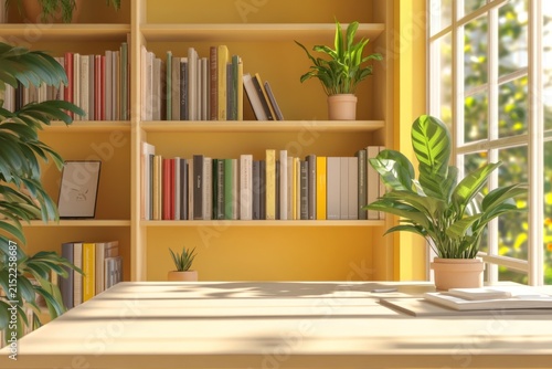 Bright sunlit workspace with wooden desk and yellow bookshelf
