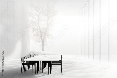 Bright white minimalist meeting room with long table.