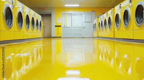 Bright yellow commercial laundry room with washing machines
