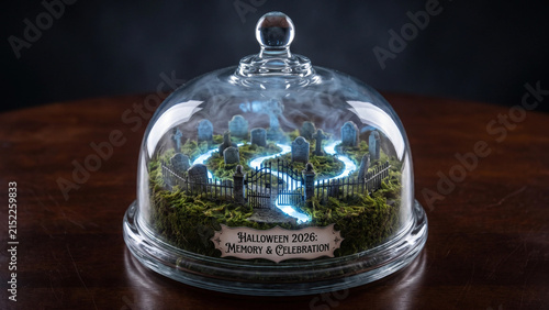 Halloween cemetery diorama with glowing blue path and spooky mist inside a glass cloche