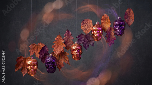 Hanging sugar skull decorations and fall leaves with warm bokeh, a festive autumn or Halloween display