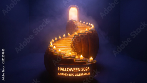 Magical Pumpkin Stairway Lit by Candles, Concept for Halloween 2026 Celebration