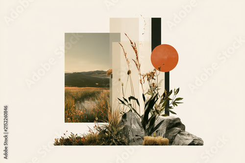 artistic collage of nature elements and geometric shapes on neutral background