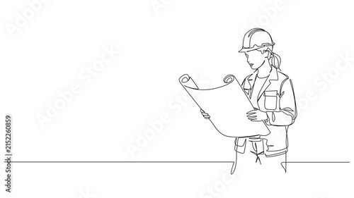 animated continuous line drawing of female architect or civil engineer wearing hard hat examining blueprint or construction plan, line art animation