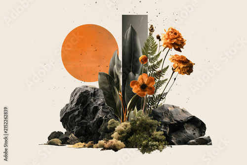 artistic collage of nature elements and geometric shapes on neutral background