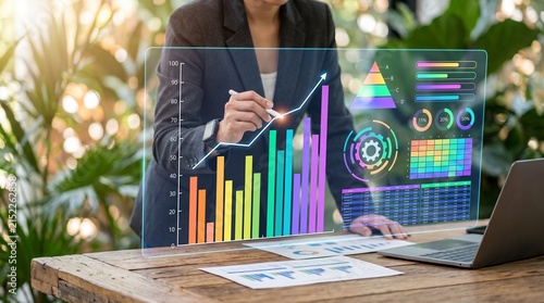 Businesswoman interacting with futuristic holographic dashboard, colorful statistical charts and graphs, data analytics infographic menu, laptop on wooden desk