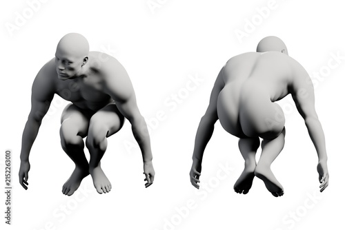 3D rendered mannequin figure crouching front-back collage black
