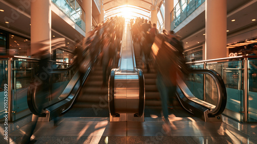 A modern shopping mall interior featuring a single parallel stainless steel escalator crowded with commuters
