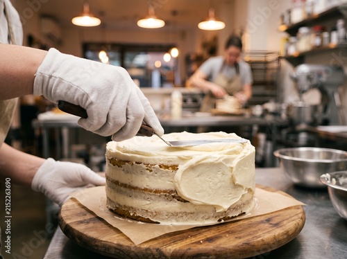 Baker Frosting and Decorating a Layer Cake in Professional Kitchen Bakery
