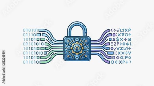 Cybersecurity vector illustration featuring a blue padlock with circuit patterns, converting binary data into encrypted symbols, representing data protection and digital encryption.