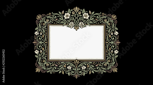 Ornate vintage floral frame vector illustration featuring symmetrical cream flowers and green leaves in a filigree border design on a black background with a white copy space.