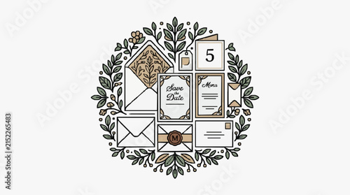 Circular wedding stationery suite including save the date cards, envelopes, and menu, framed by botanical wreaths in a minimalist hand-drawn line art style with green and beige earth tones.