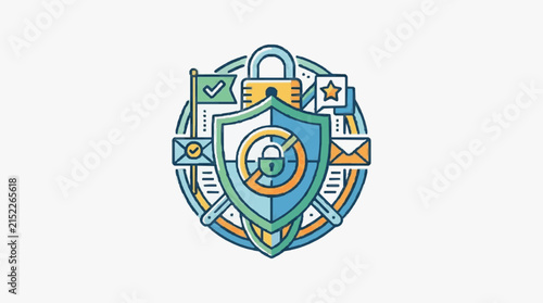 Cybersecurity flat vector illustration featuring a protective shield, padlock icons, and email envelopes within a circular badge frame for data privacy, network safety, and digital encryption.