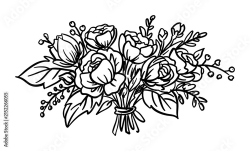 Black and white line drawing of a floral bouquet with roses and foliage