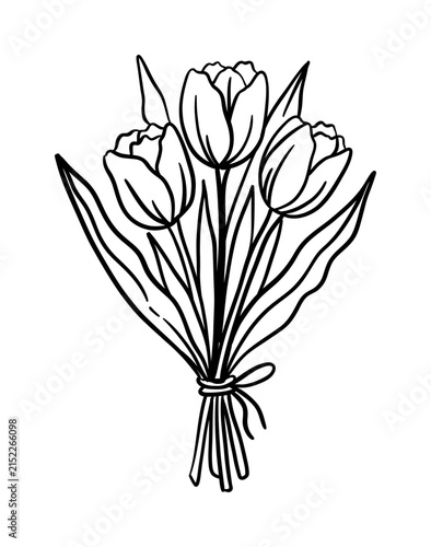 Black and white line drawing of a tulip bouquet tied with a ribbon