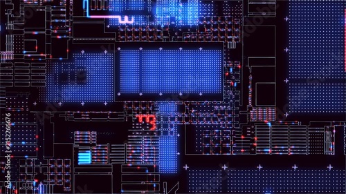 A futuristic electronic circuit element with neon lines and bright moving pulses creates an atmosphere of high technology and cyberspace. The animation is suitable for themes of cybersecurity and inno
