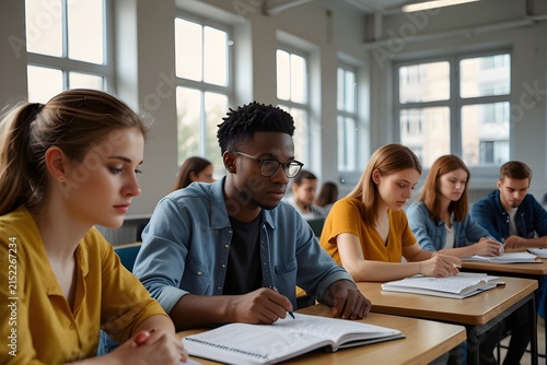 Several diverse students are seated at desks in a bright classroom, studying and writing in their notebooks. The students appear focused on their work, while large windows fill the room with natural l