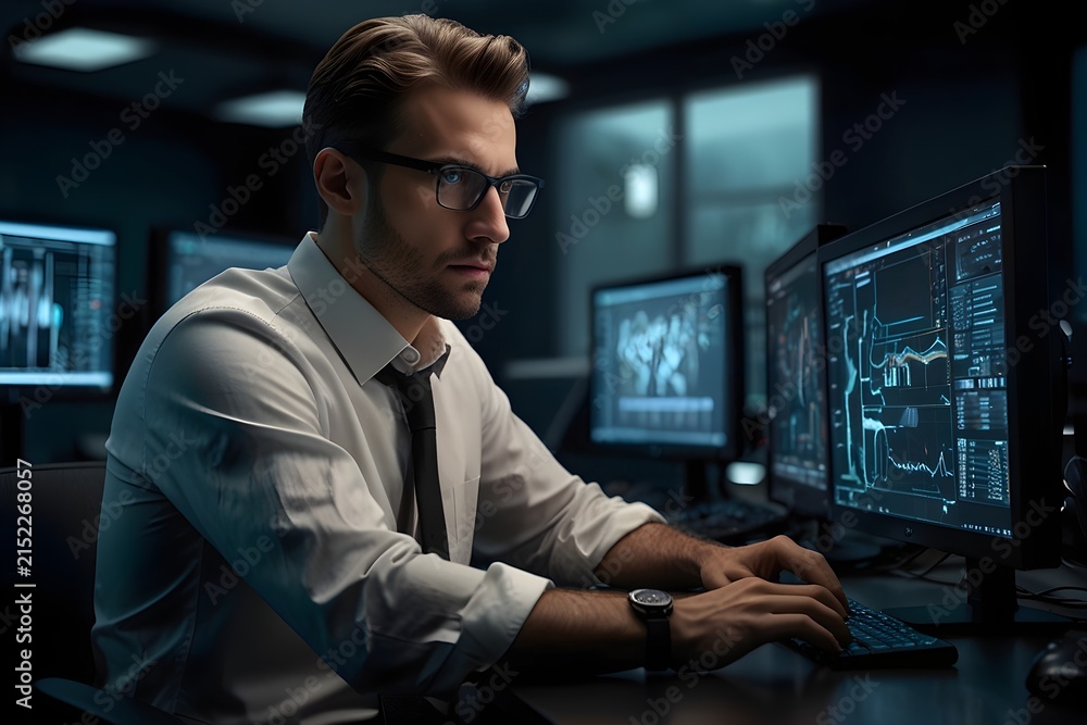 Fototapeta premium A professionally dressed man wearing glasses and a tie is working at a computer in a dark technology-focused office. Several monitors behind him display technical graphics and digital information, sug