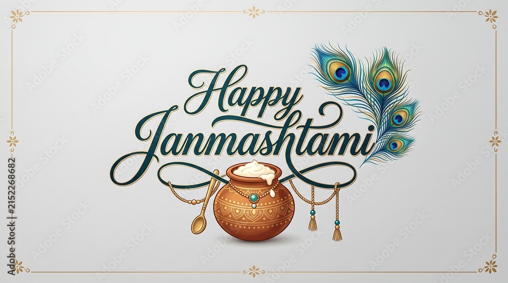 Naklejka premium Elegant happy janmashtami greeting card design with peacock feather and traditional butter pot illustration