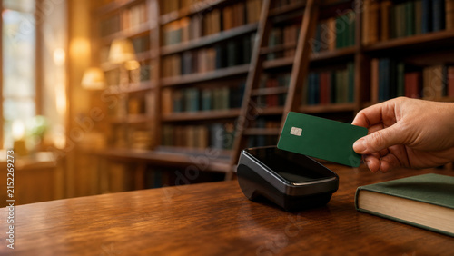 Contactless Card Payment in Bookstore with Shelves and Copy Space