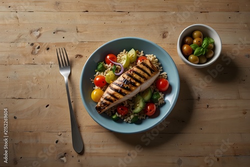 A grilled chicken breast is arranged on a fresh vegetable and grain salad in a blue bowl on a rustic wooden table. Cherry tomatoes, greens, and other colorful vegetables surround the chicken, with a s