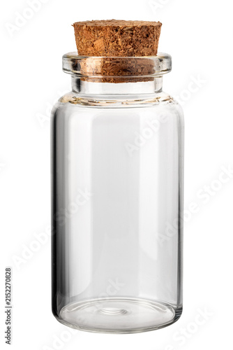 Clear glass vial jar with natural cork cap isolated on white with clippimg path. Perfect container for spices, cosmetics, crafts, or medical samples.