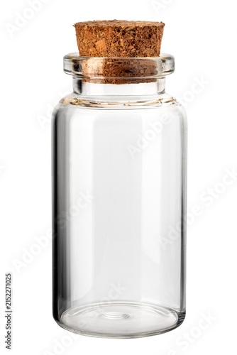 Clear glass vial jar with natural cork cap isolated. Perfect container for spices, cosmetics, crafts, or medical samples.