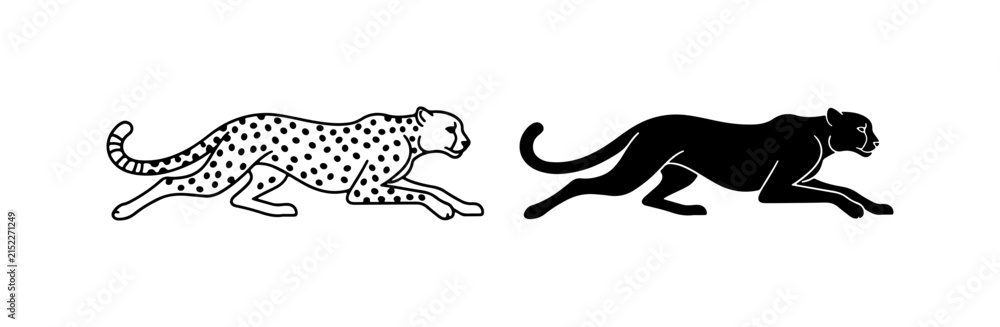 Fototapeta premium Running Cheetah and Black Panther Vector Icons, Wild Cat Silhouette Graphics