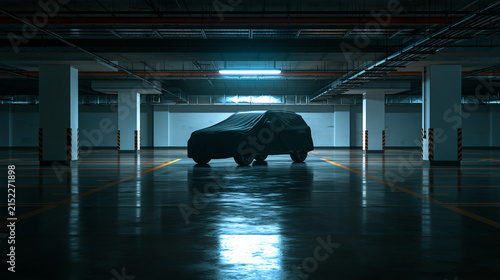 a dark atmospheric underground parking garage with glossy black concrete flooring and empty marked parking bays, a single SUV car fully covered by a black protective fabric