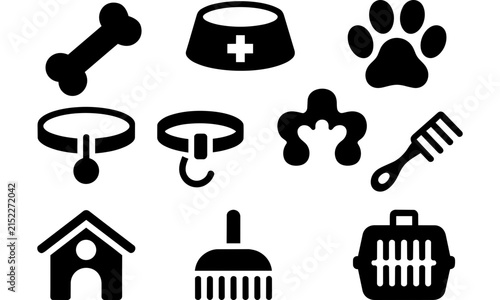 Pet care icons set featuring black dog bone collar paw print feeding bowl house grooming comb and carrier on a plain black surface