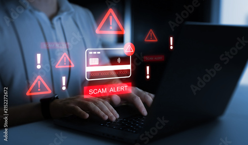 Obraz na płótnie Financial scam concept showing bank card fraud,mobile phone phishing and online payment risk