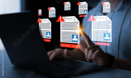 Online privacy breach and personal data theft concept featuring hacker activity, stolen documents, cybersecurity risks and digital fraud protection themes.	
